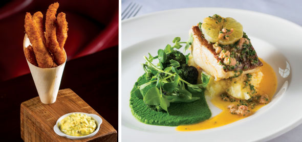 Fried 'day caught' Whitby fish goujons and 'line caught' East Coast cod