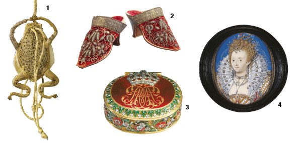 1 17th century gold threated purse in the shape of a frog 2 Velvet ruby mules 3 Queen Mary's patch box (c.1694) 4 Queen Elizabeth I by Nicholas Hilliard (c. 1595-1600)
