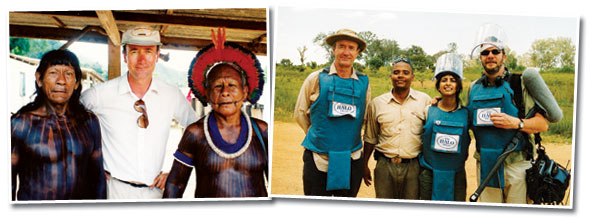 Left: Alex Leger with the Kayapo tribe in Brazil Right: With Konnie Huq in Angola